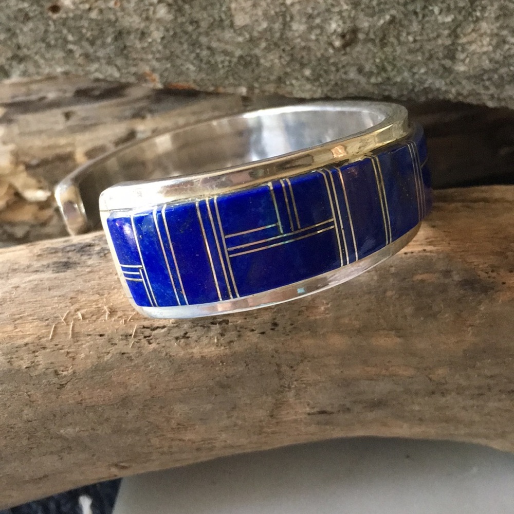 Vintage Navajo Native American Inlay Lapis Bracelet by Wilbur Yazzie - Picture 11 of 14